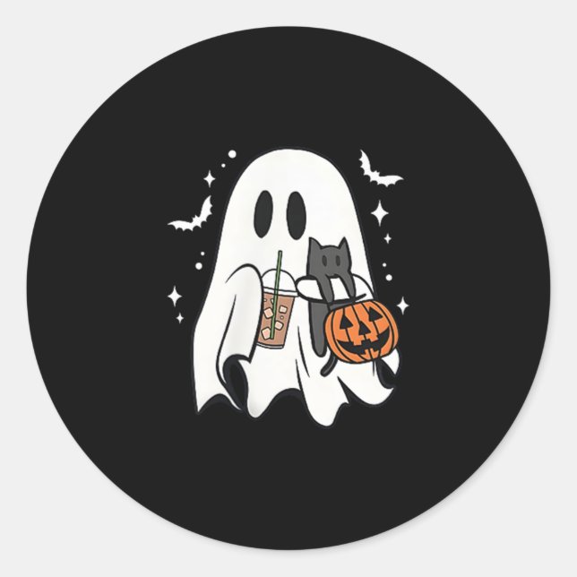 Spooky Ghost Holding Black Cat Halloween Eiskaffee Runder Aufkleber (Vorderseite)
