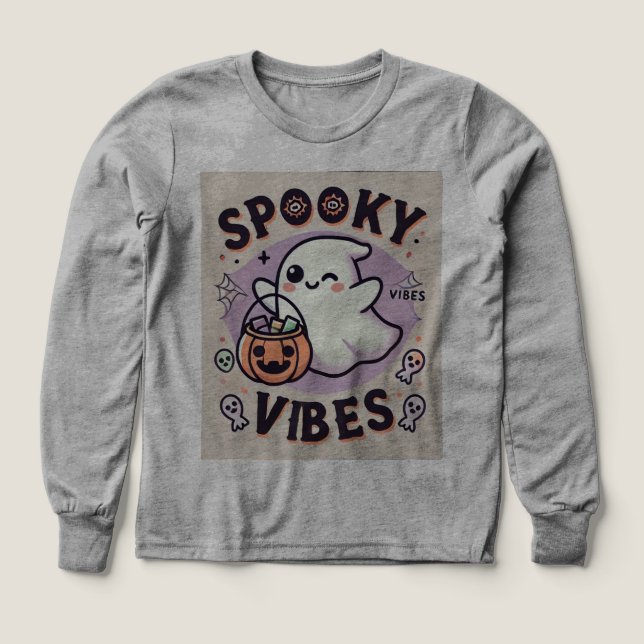 Spooky Ghost Holding Pumpkin Long Sleeve T - Shirt (Design Vorderseite)