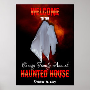 Spooky Ghost on Fiery Sky Spuk House Welcome Po Poster