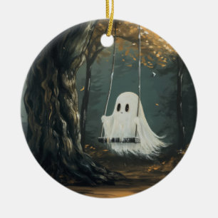 Spooky Ghost on Swing Halloween Autumn Forest Keramik Ornament