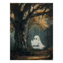 Spooky Ghost on Swing Halloween Autumn Forest