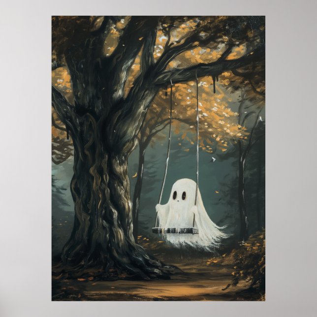 Spooky Ghost on Swing Halloween Autumn Forest Poster (Vorne)