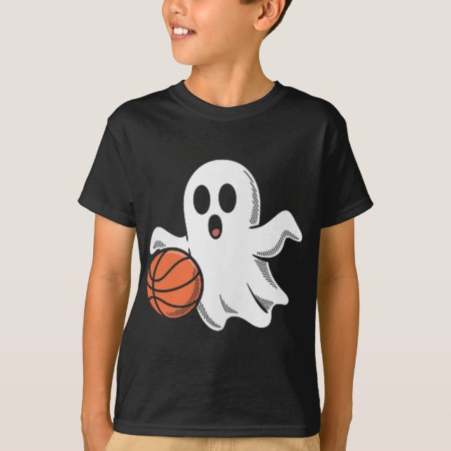 Spooky Ghost Playing Basketball Retro Halloween Co T-Shirt (Vorderseite)