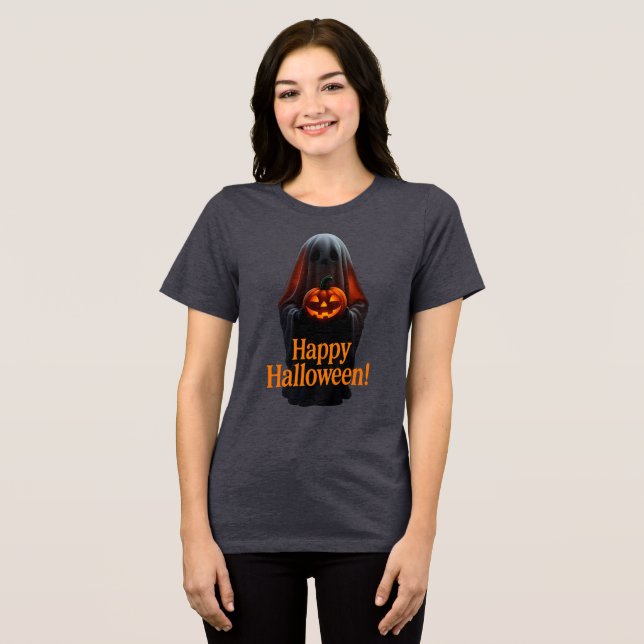 Spooky Ghost with Pumpkin – Happy Halloween  Tri-Blend Shirt (Vorderseite voll)