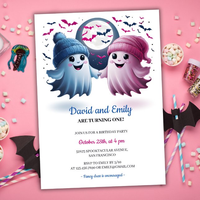 Spooky Ghosts Halloween Joint Twins Erster Geburts Einladung (Cute Spooky Ghosts Halloween Joint Twins First Birthday Invitation)