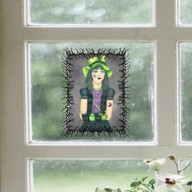 Spooky Girl Green Hat gegrillt schwarzen Branch Fr Fensteraufkleber (Pretty spooky girl green hat tattoos on grey in barbed black branch framed window cling.)