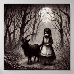 Spooky Girl with Goat Black Phillip Spuk Forest Poster