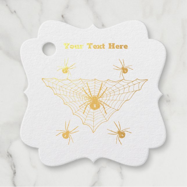 Spooky Gold Spiders im dreieckigen Web Grau Geschenkanhänger (Vorderseite)