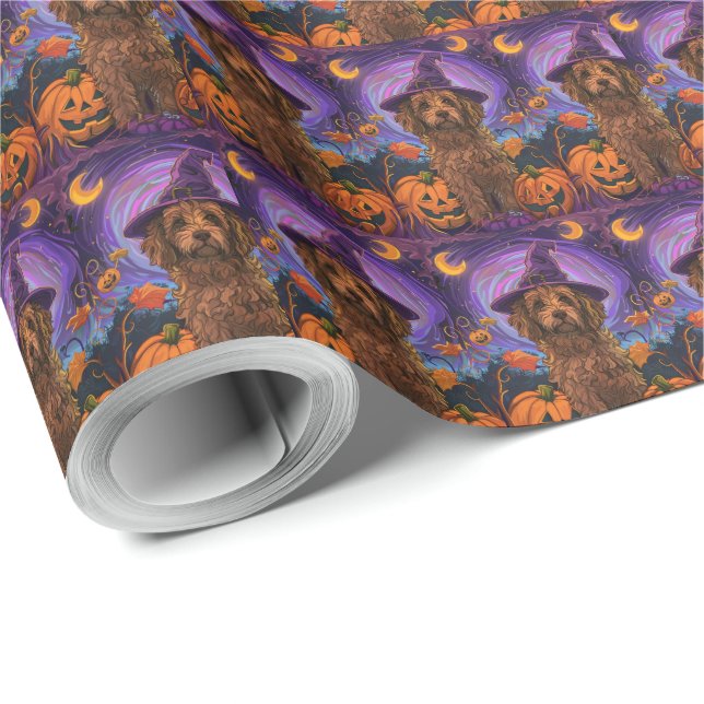Spooky Goldendoodle Hund Halloween Hexenkürbis Geschenkpapier (Rolleneckpunkt)