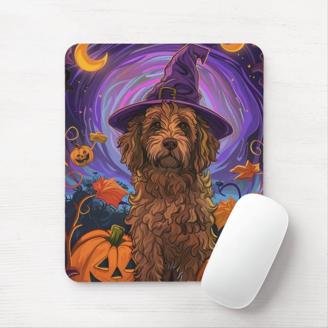 Spooky Goldendoodle Hund Halloween Hexenkürbis Mousepad (Mit Mouse)