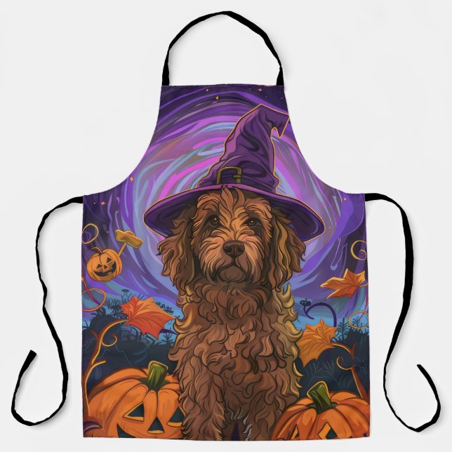 Spooky Goldendoodle Hund Halloween Hexenkürbis Schürze (Vorderseite)