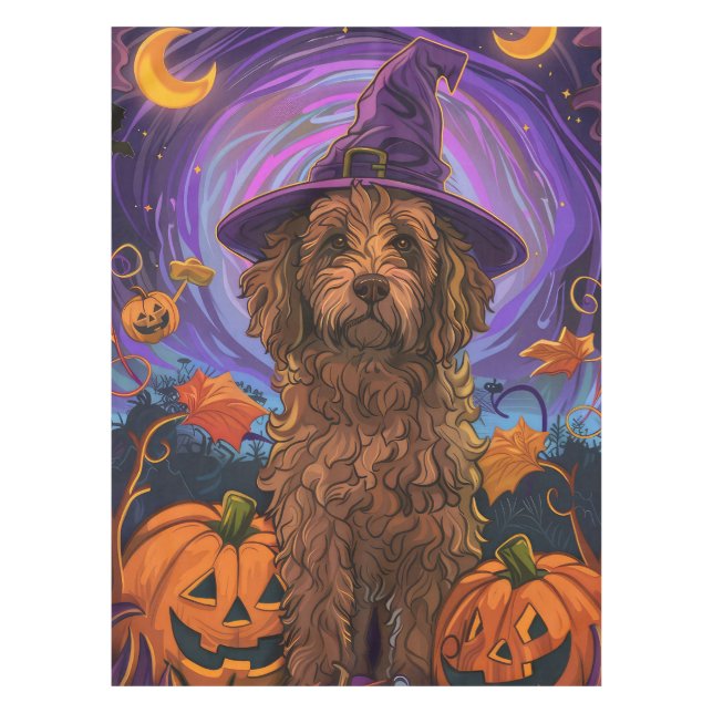 Spooky Goldendoodle Hund Halloween Hexenkürbis Tischdecke (Vorderseite)