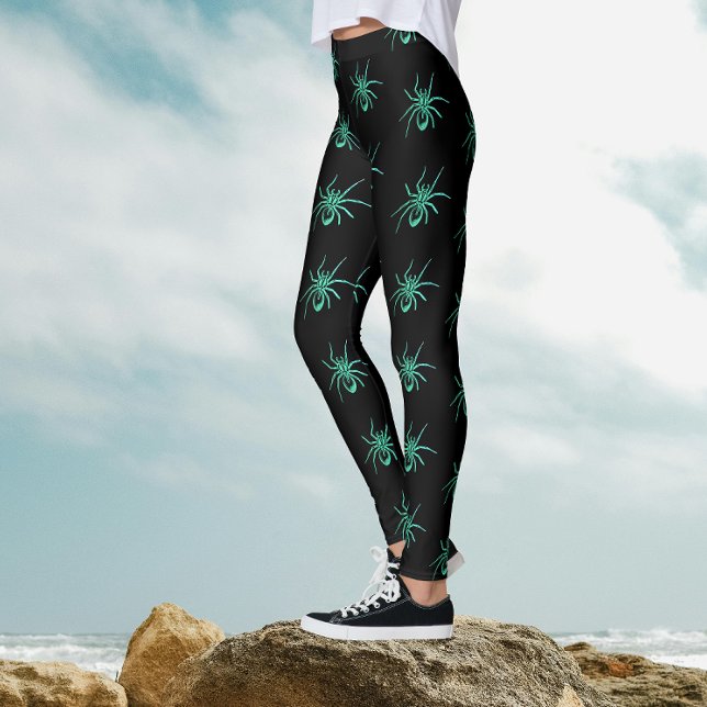 Spooky Goth Green Black Spiders Halloween-Muster Leggings (Von Creator hochgeladen)