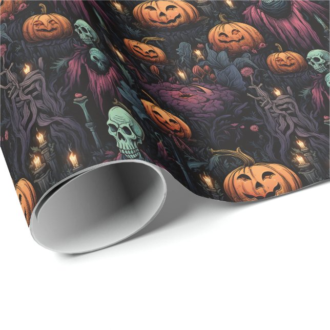 Spooky Goth Pumpkin Skull Halloween Geschenkpapier (Rolleneckpunkt)