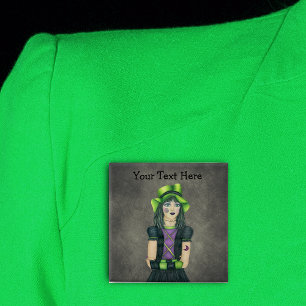 Spooky Goth Teen Girl Green Hat Tattoos Gray Button