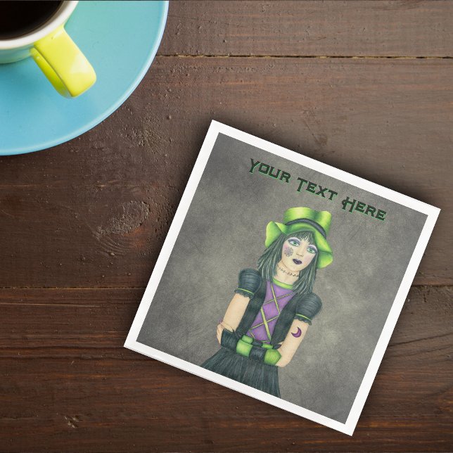 Spooky Gothic Girl Spiderweb Tattoo Black Dress Serviette (Spooky goth girl green hat face arm tattoos on dark grey paper party napkins.)
