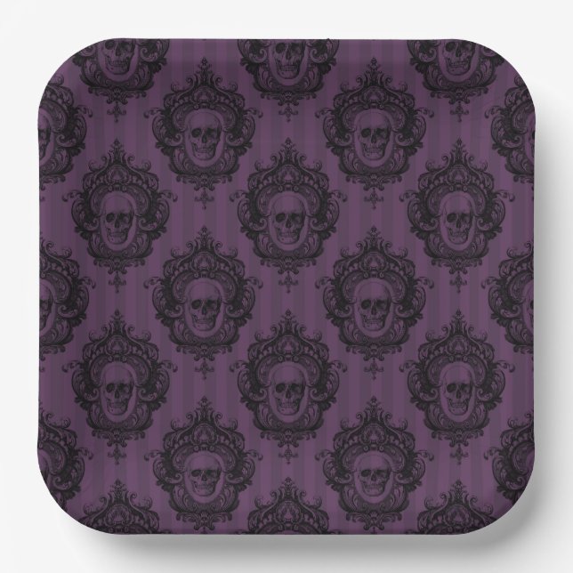 SPOOKY GOTHIC LILA HALLOWEEN SKULTUREN PAPPTELLER (Vorderseite)