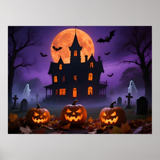 Spooky Gothic Manor with Ghosts and Graveyard Poster (Vorne)