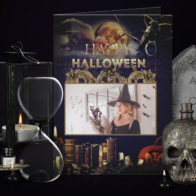 Spooky Gothic Raven in Vollmond Adult Halloween Karte (spooky adult gothic folded halloween cards with full moon and pumpkin add your photo)
