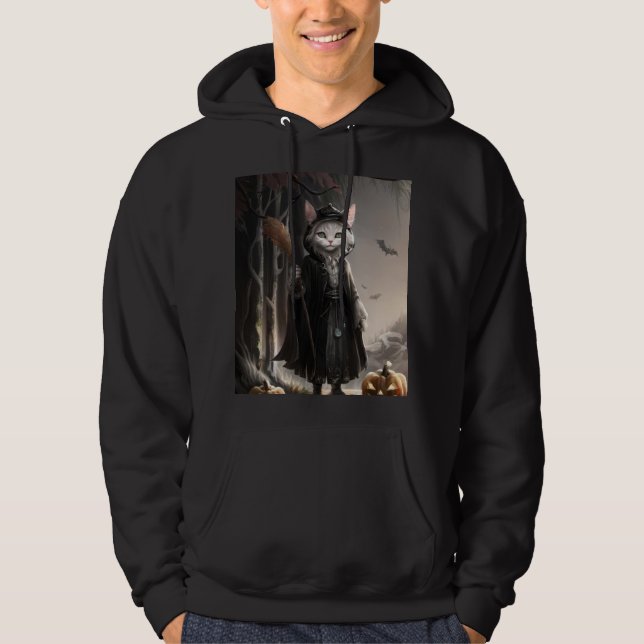 Spooky-graue Katze-Magier im Nebelwald Halloween Hoodie (Vorderseite)
