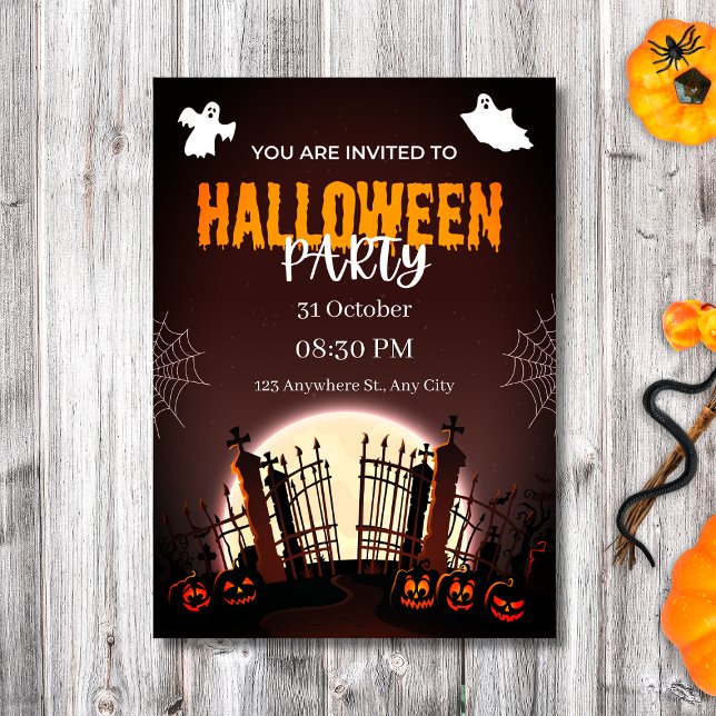 Spooky Graveyard Ghosts & Pumpkins Halloween-Party Einladung (Spooky Graveyard Ghosts & Pumpkins Halloween Party Invitation
)