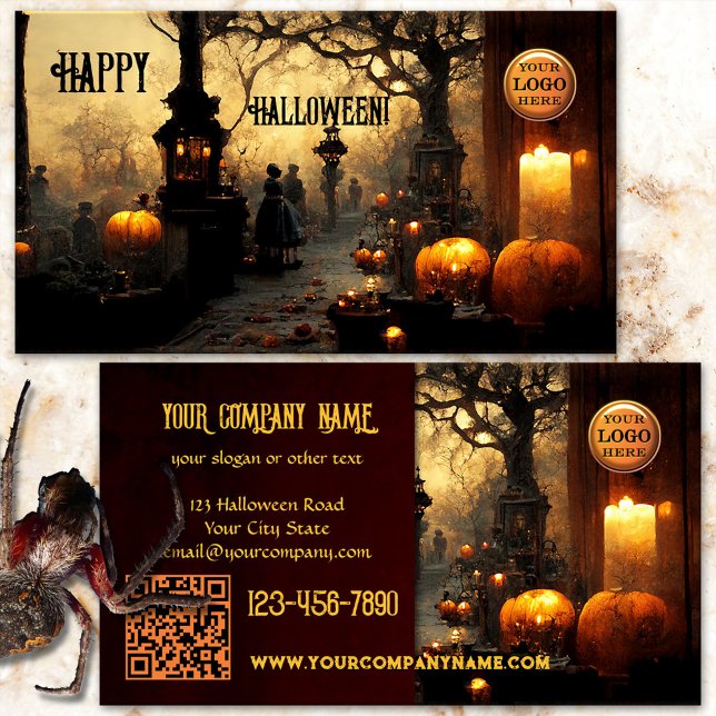Spooky Graveyard Halloween Visitenkarte (Halloween business card featuring a spooky graveyard at dusk with burning candles and pumpkins)