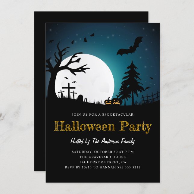 Spooky Graveyard Mitternacht Halloween-Party Invit Einladung (Vorne/Hinten)