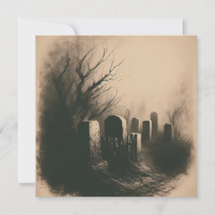 Spooky Graveyard Vintag Illustration Goth Karte