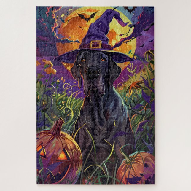 Spooky Great Dane Halloween Hexenkürbis Puzzle (Vertikal)