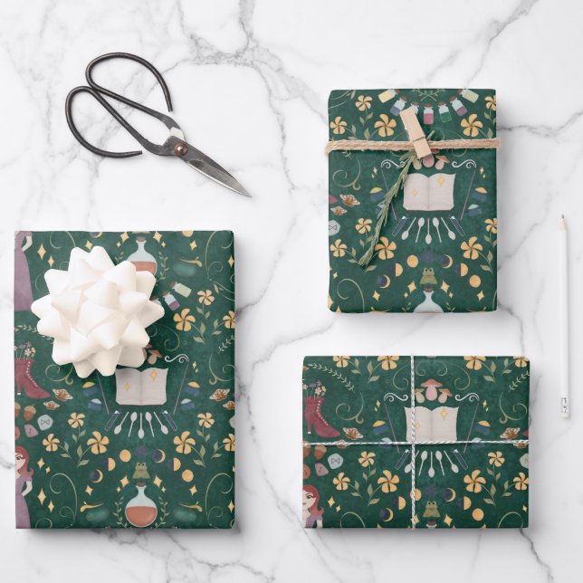 Spooky Green Halloween Hexe Geschenkpapier Set (Vorderseite)