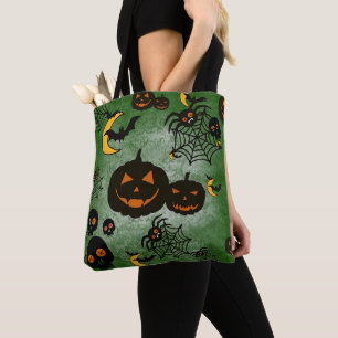 SPOOKY GREEN HALLOWEEN PUMPKINS MOONS BATS