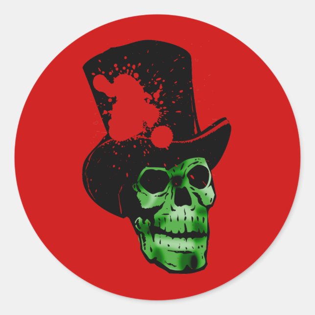 Spooky Green Skull mit Top Hat Runder Aufkleber (Vorderseite)