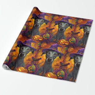 Spooky Greyhound Hund Halloween Hexe und Pumpkin Geschenkpapier