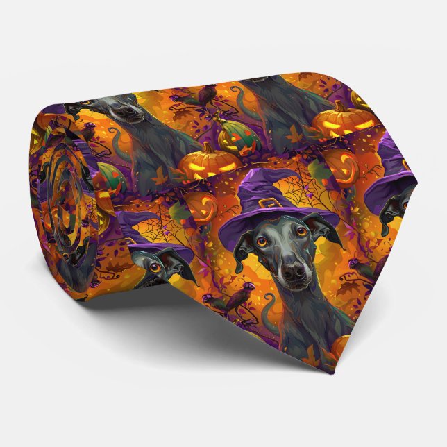 Spooky Greyhound Hund Halloween Hexe und Pumpkin Krawatte (Gerollt)