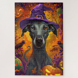 Spooky Greyhound Hund Halloween Hexe und Pumpkin Puzzle
