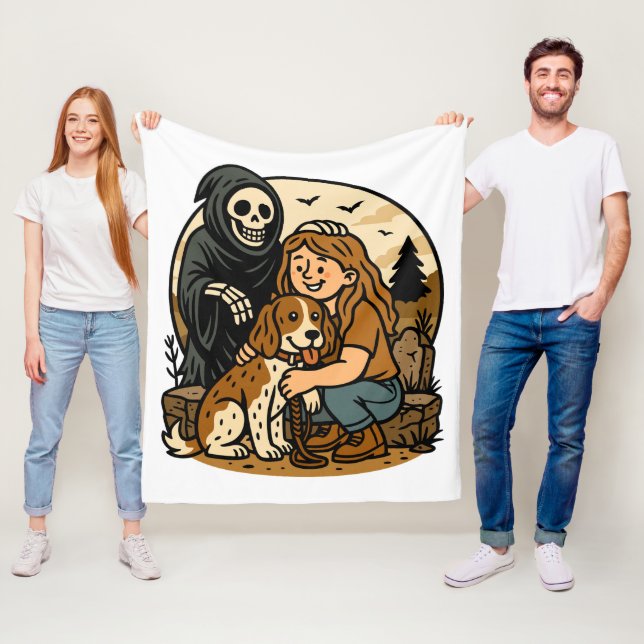 Spooky Grim Reaper with Girl and Dog Skeleton Art  Fleecedecke (Beispiel)