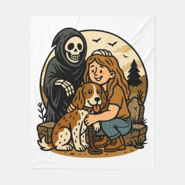 Spooky Grim Reaper with Girl and Dog Skeleton Art  Fleecedecke