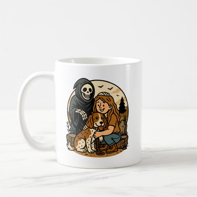 Spooky Grim Reaper with Girl and Dog Skeleton Art  Kaffeetasse (Links)
