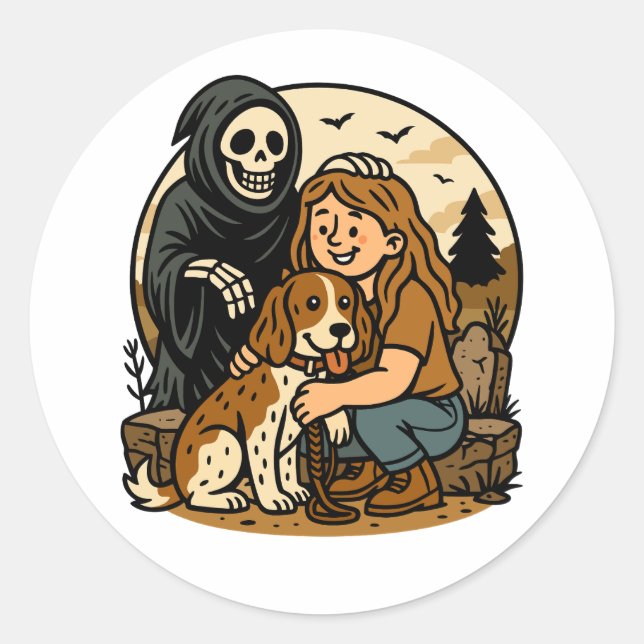 Spooky Grim Reaper with Girl and Dog Skeleton Art  Runder Aufkleber (Vorderseite)