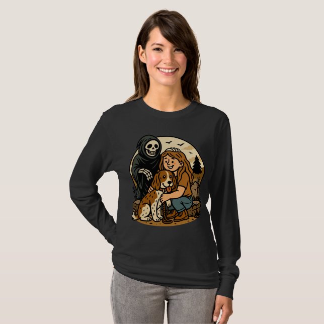 Spooky Grim Reaper with Girl and Dog Skeleton Art  T-Shirt (Vorne ganz)