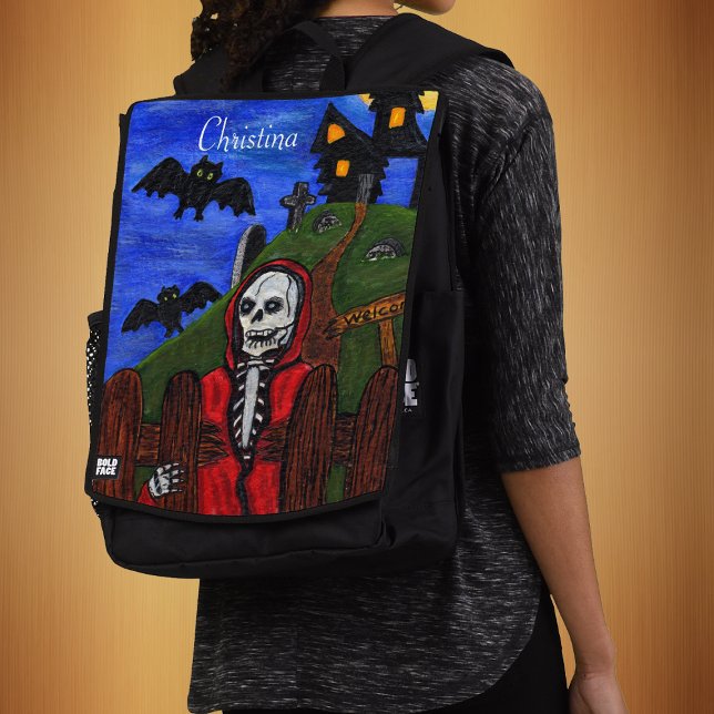 Spooky Grim Sensenmann Skeleton Rote Kapuzentbe Rucksack (Grim Reaper red Cape Haunted house cemetery bats in blue night sky on back pack.)