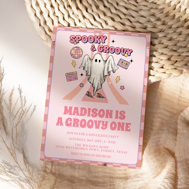 Spooky Groovy Pink Vintages Halloween 1. Geburtsta Einladung (Von Creator hochgeladen)
