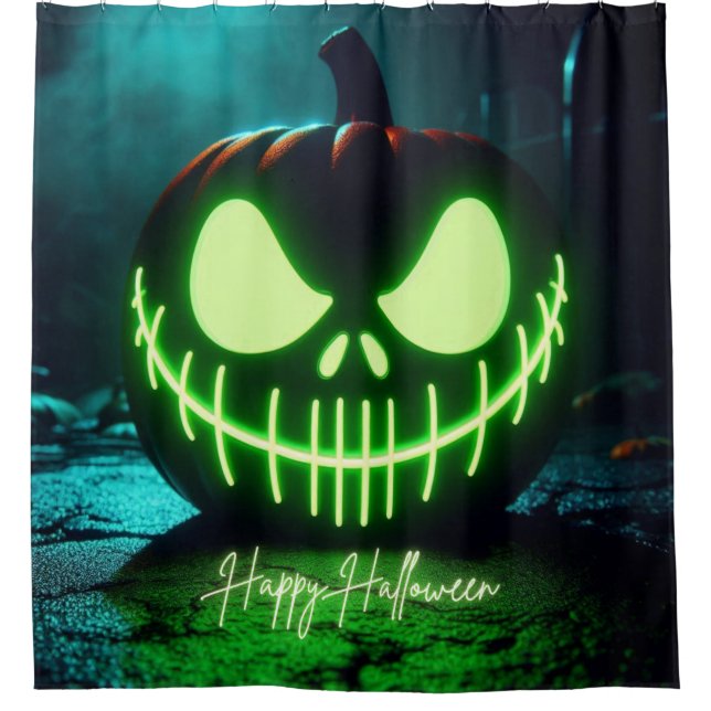 Spooky grün leuchtender Halloweenkürbis Duschvorhang (Vorderseite)