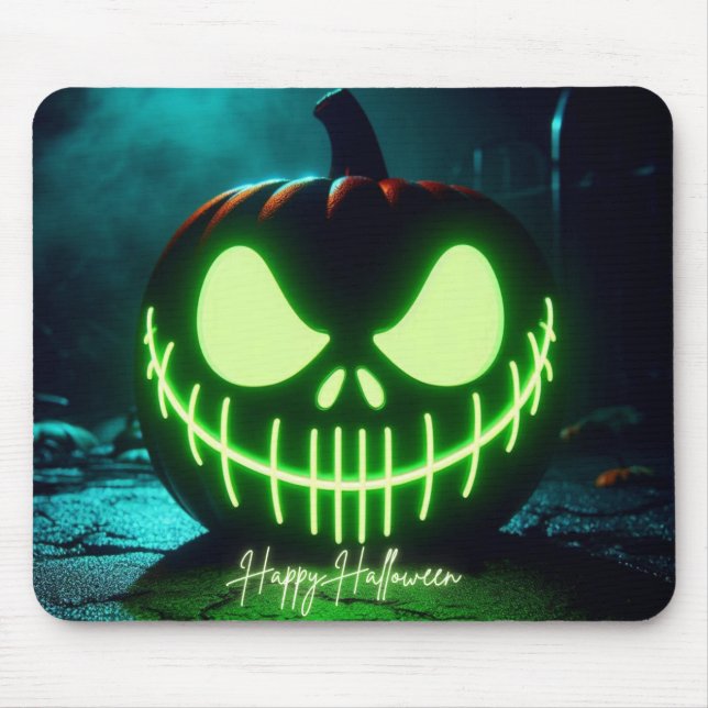 Spooky grün leuchtender Halloweenkürbis Mousepad (Vorne)