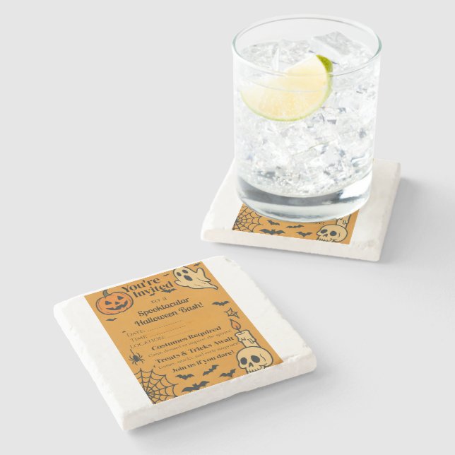 Spooky Halloween Bash Invite | Ghosts & Games Steinuntersetzer (Seitenansicht)