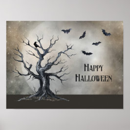 Spooky Halloween Baum mit Raven und Fledermäusen Poster