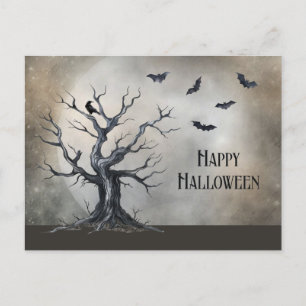 Spooky Halloween Baum mit Raven und Fledermäusen Postkarte