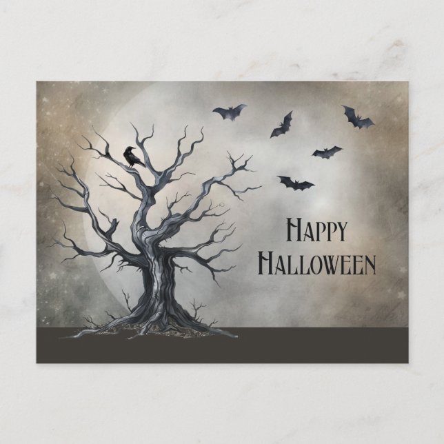 Spooky Halloween Baum mit Raven und Fledermäusen Postkarte (Vorderseite)