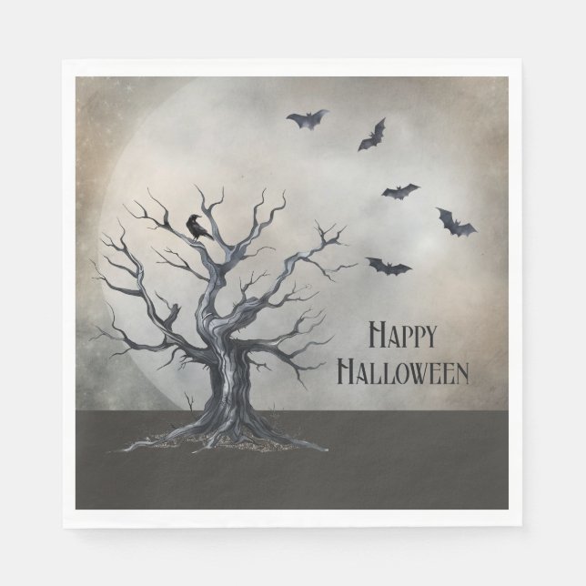 Spooky Halloween Baum mit Raven und Fledermäusen Serviette (Vorderseite)