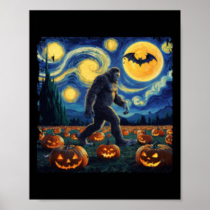 Spooky Halloween Bigfoot Starry Night Van Gogh Poster